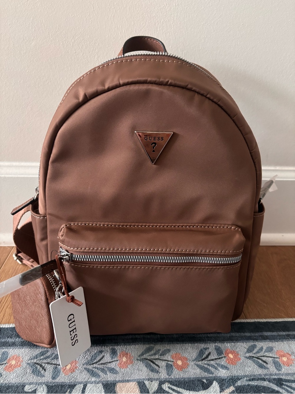 GUESS Brown Franklin Nylon Mini Backpack with Silver Hardware